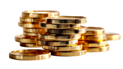 Stacks of shiny gold coins arranged on a transparent background