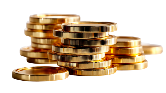 Stacks of shiny gold coins arranged on a transparent background