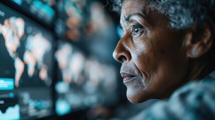 An elderly woman with deep concentration watches screens filled with global data, illustrating the power of technology and analysis in understanding our world.