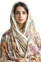 Full Length of Middle Eastern female model with Vintage Floral isolated on transparent background