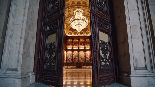 
Large, ornate doors open, revealing a grand library with rows of towering bookshelves filled with colorful books, and a large chandelier hanging from the high ceiling.Transition.Slow motion.Low angle