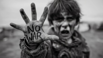 Child's Hand with "No War" Anti - War Message in Black and White