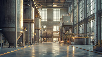 Industrial Interior with Large Storage Tanks and Bright Sunlight