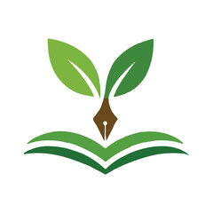 Eco Writing and Learning Logo – Pen Nib with Leaves and Open Book Vector Icon