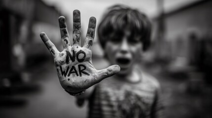 Child's Hand with "No War" Anti - War Message in Black and White