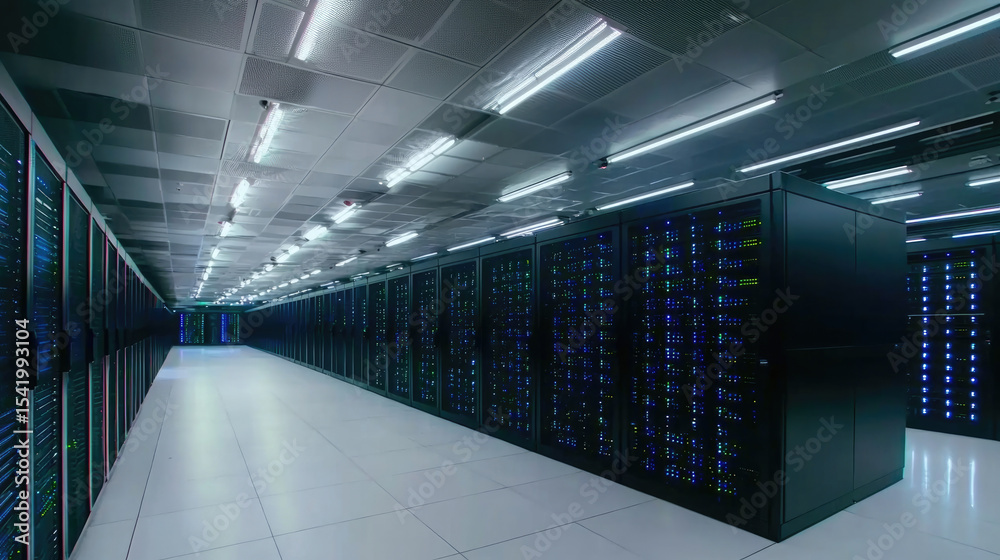 Poster Neon lit server room with network blinking lights, modern data center, technology infrastructure, secure environment