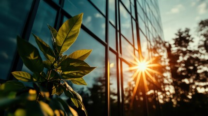 A close-up shot of green leaves in front of a modern glass building, beautifully reflecting the sunlight, highlighting the harmonious blend of nature and urban architecture.