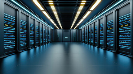 Fototapeta premium Futuristic server room with blue neon lighting, data center technology, modern interior, digital network