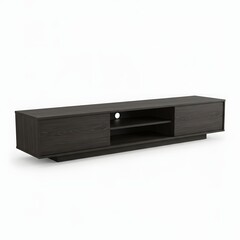 Modern Entertainment Console: A sleek and contemporary entertainment console, featuring a dark wood finish and minimalist design, perfect for elevating any living room aesthetic.