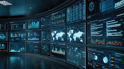 Futuristic control room with digital data dashboards, world map, analytics, and glowing blue screens, high tech atmosphere