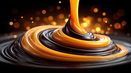 A decadent macro shot of liquid golden caramel pouring into a swirl of rich dark chocolate