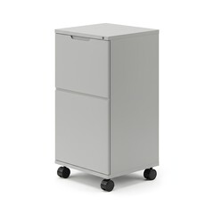 Rolling file cabinet: This photograph captures a modern, minimalist rolling file cabinet, ideal for sleek office spaces. The cabinet features two drawers and is mounted on wheels for easy mobility.