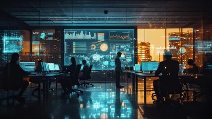 People working in a dark office with large screens displaying data and city lights at night view outside - Powered by Adobe