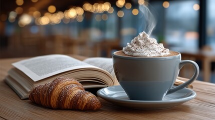 A relaxing coffee break with a croissant and a book in a cozy cafe with bokeh lights