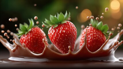 Three fresh strawberries splashing into a pool of melted chocolate with a beautiful bokeh background