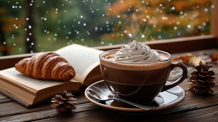 A cozy autumn scene with hot chocolate, whipped cream, croissant, and a book by a window