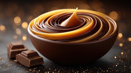 A decadent bowl of swirled dark chocolate and golden caramel with chocolate pieces on the side