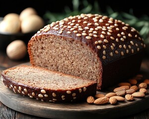 Sliced loaf cake with pine nuts on dark wooden board, and almonds. Use for recipes, bakeries, health foods, or seasonal holiday themes.