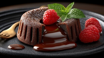 A decadent chocolate lava cake with a molten center, garnished with a fresh raspberry and mint on a slate plate