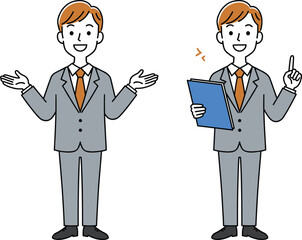 Confident Businessman Poses – Presentation, Instruction, Office gesture, Positive attitude, Male worker vector, Professional expression illustration – Vectors illustrations.