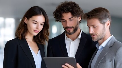 Executive team discussing data on a digital tablet in a modern office environment.