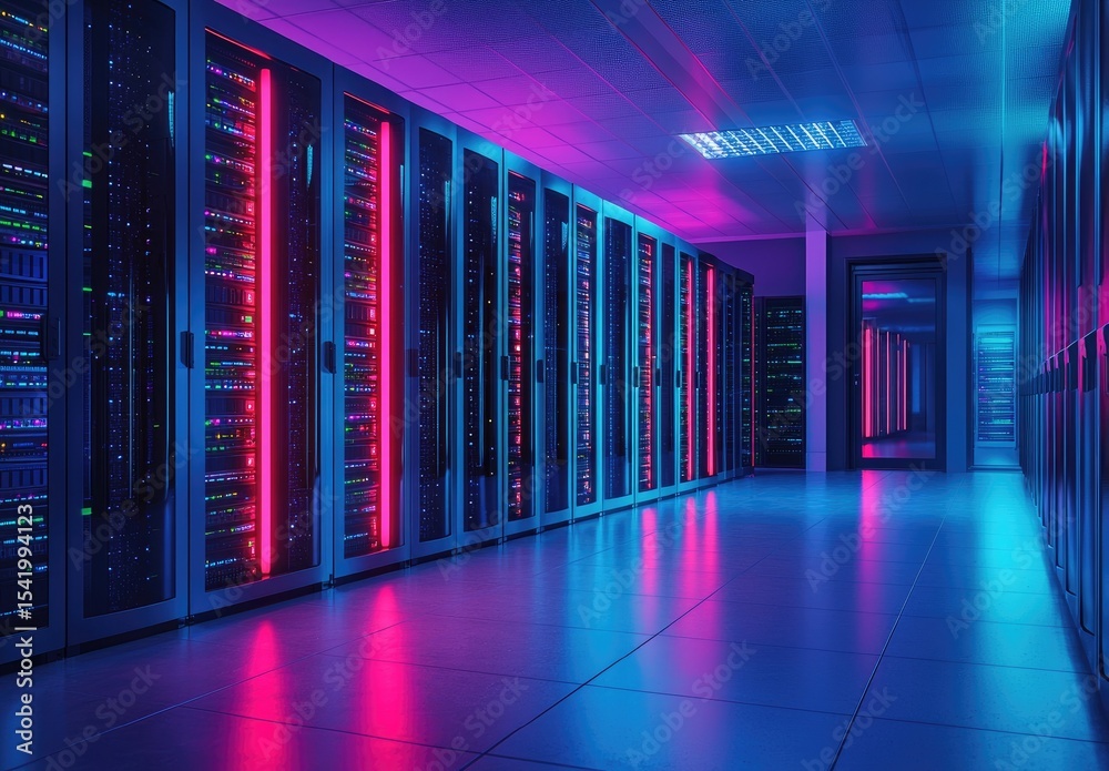 Poster Futuristic data center with vibrant magenta and blue server lights reflecting on the floor, ideal for cloud computing, digital infrastructure, and cybersecurity visuals