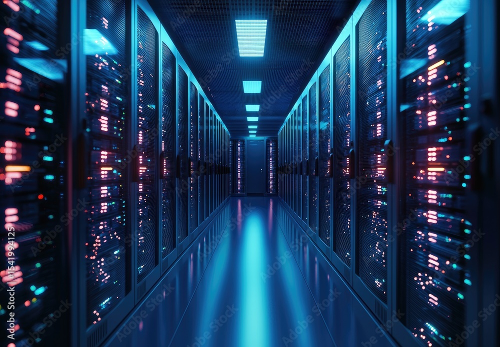 Poster Brightly illuminated server hallway with blue and magenta lights in a futuristic data center, perfect for visualizing cloud computing, cybersecurity, and IT networks