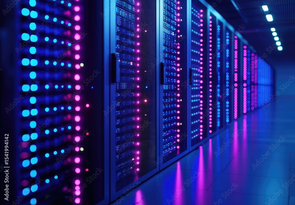 Poster 3D rendering of modern data center with glowing blue and pink LED lights on server racks, ideal for cloud technology, cybersecurity, and infrastructure visuals
