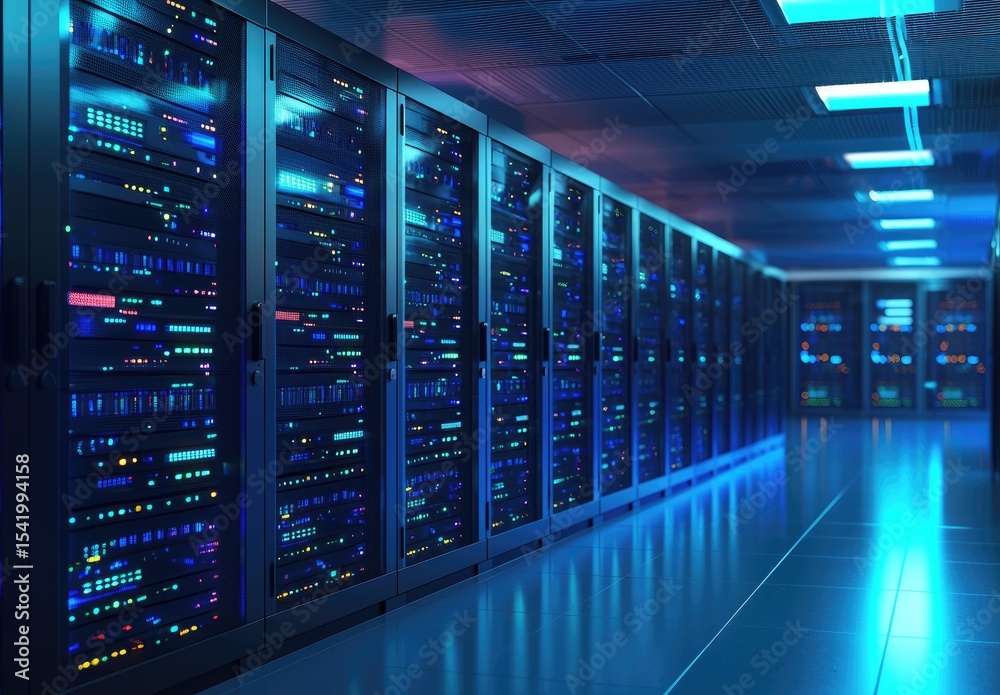 Poster 3D rendering of data center aisle with blue glowing server racks and futuristic lighting, perfect for cloud computing, cybersecurity, and IT infrastructure concepts