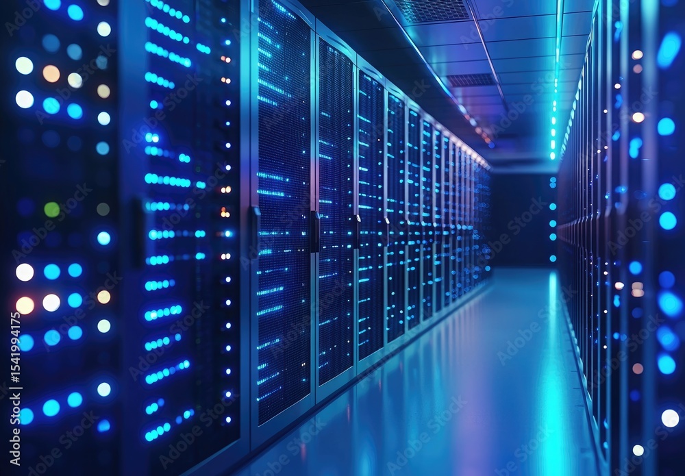 Poster futuristic data center corridor with glowing blue server racks and symmetrical perspective, ideal fo