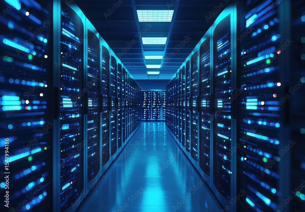 Poster Symmetrical 3D rendering of a data center hallway with glowing blue servers and illuminated ceiling, perfect for cloud technology, networking, and IT system visuals
