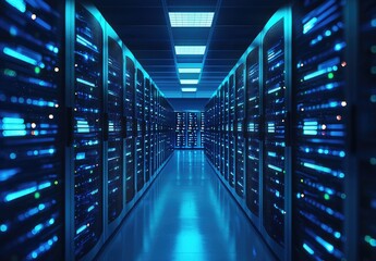 Obraz premium Symmetrical 3D rendering of a data center hallway with glowing blue servers and illuminated ceiling, perfect for cloud technology, networking, and IT system visuals