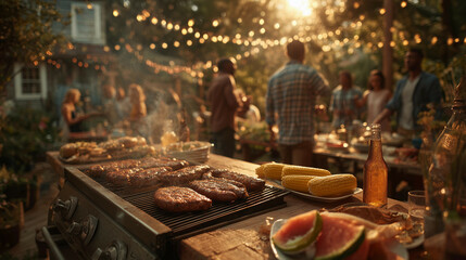a table with a grill and plates of food on it and a cooler in the background with lights strung above