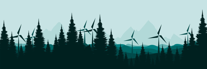wind turbines in a pine forested mountain landscape renewable energy concept vector illustration good for wallpaper design, design template, background template, and tourism design template	