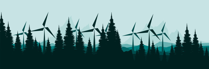 wind turbines in a pine forested mountain landscape renewable energy concept vector illustration good for wallpaper design, design template, background template, and tourism design template	