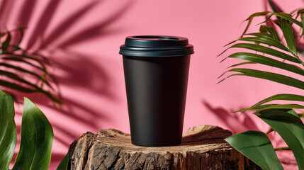 Coffee cup with plants: A sleek black coffee cup on a natural tree stump, set against a pink background with palm leaves. Enhancing a tranquil, refreshing, and inviting vibe.