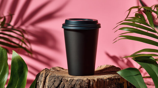 Coffee cup with plants: A sleek black coffee cup on a natural tree stump, set against a pink background with palm leaves. Enhancing a tranquil, refreshing, and inviting vibe.