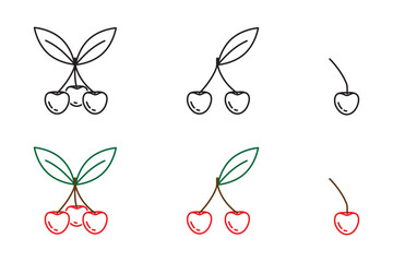 Set of Cherry linear icons isolated on transparent background. Cherry color and black color line icons. Cherry fruit, summer symbol vector illustration. Editable Stroke.