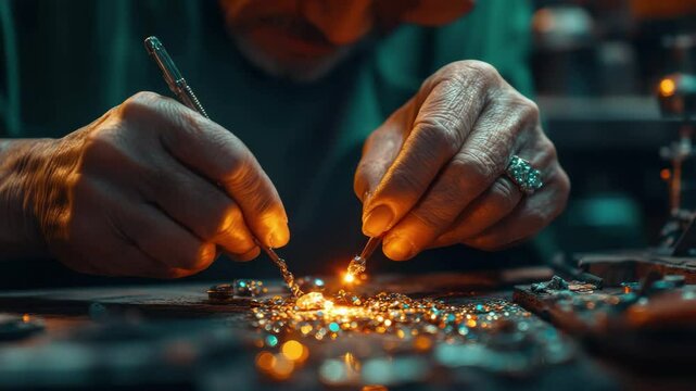 Close up of hands soldering jewelry with a ring on one hand and small gems on the surface around it
