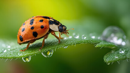 Fototapeta premium Ladybug's Dewdrop Journey: A vibrant ladybug, adorned with a striking pattern, gracefully navigates a leaf dotted with sparkling dewdrops, capturing the delicate beauty of nature's tiny wonders.