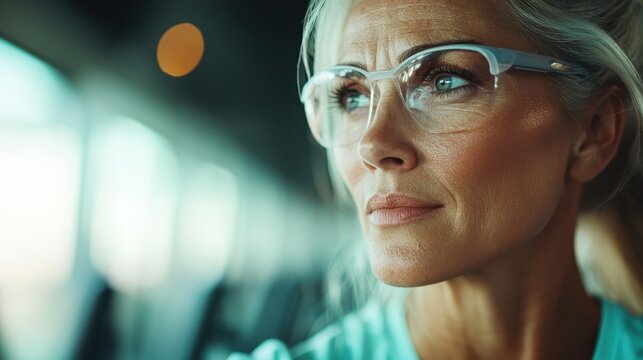 A focused and thoughtful woman wearing glasses gazes off to the side, embodying intelligence, reflection, and a sense of contemplation within a well-lit environment.