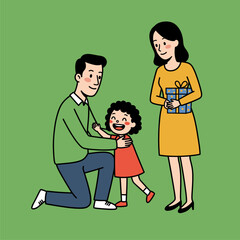 Happy Family Celebrating with Gift, Child's Birthday, Vector Illustration