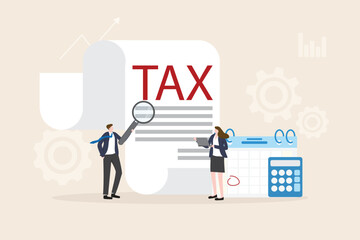 Tax payment concept. Financial report auditor and calculation tax return, debt payment for Government, State taxes, Tax planning Due date. Business team presenting data online illustration flat design