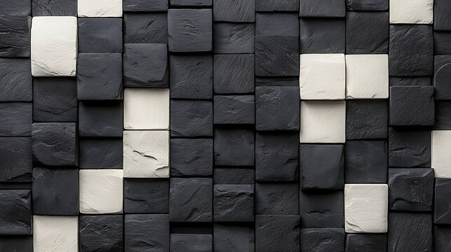 Abstract wall composed of uneven black and white rectangular blocks arranged in a grid pattern with a textured, rugged surface.