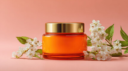 Luxury skin cream: A gold-topped cream jar surrounded by delicate flowers presents an alluring image of skincare, nestled amidst soft pastel shades