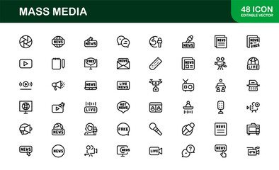 Minimalist Mass Media Icons. Professional Graphics for News Outlets, Media Campaigns, and Broadcasting Design Systems outline style