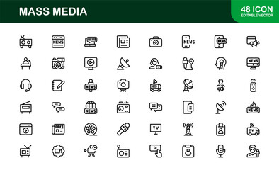 Minimalist Mass Media Icons. Professional Graphics for News Outlets, Media Campaigns, and Broadcasting Design Systems outline style