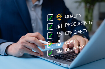 Businessman setting key points for management strategy, focusing on cost control, quality...