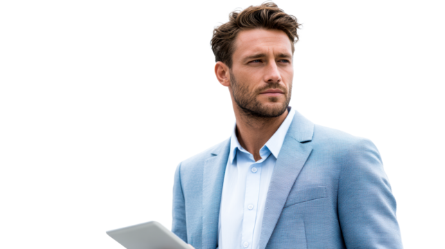 Professional man standing with tablet against transparent background - Powered by Adobe