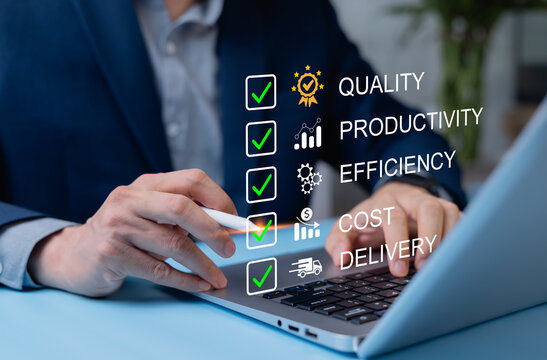 Businessman setting key points for management strategy, focusing on cost control, quality improvement, performance efficiency, and business planning for speed and productivity.